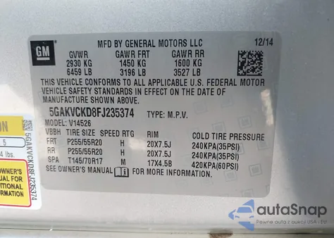 2015 Buick Enclave Premium from USA, damaged, VIN 5GAKVCKD8FJ235374